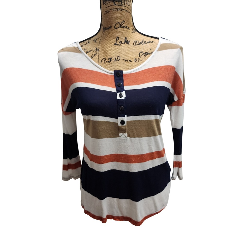 KUT‎ from the Kloth Striped Henley Long Sleeve Top Women Small Made in USA
